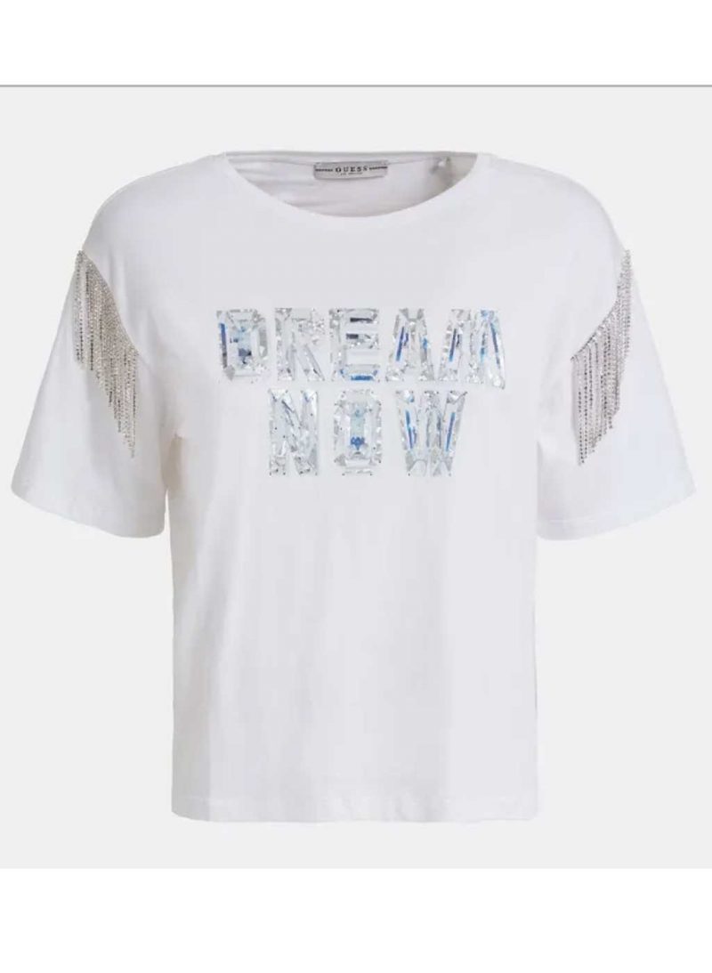 Guess Donna T-Shirt "DREAM NOW" maniche con strass W0GI76JA900